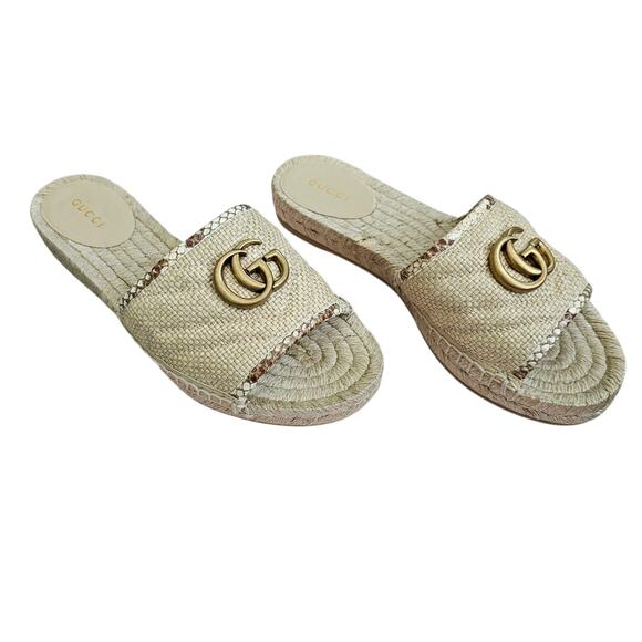 Gucci GG Marmont Raffia Espadrille Flat Slide Sandal Beige Brown 37.5 US 7.5 - Picture 1 of 12